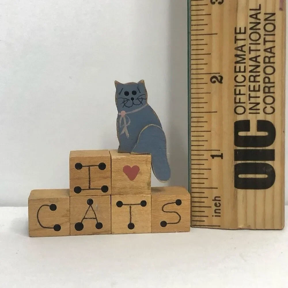i love‎ cats wood cubes miniature 2 inch decor gray cat figure 90s 80s